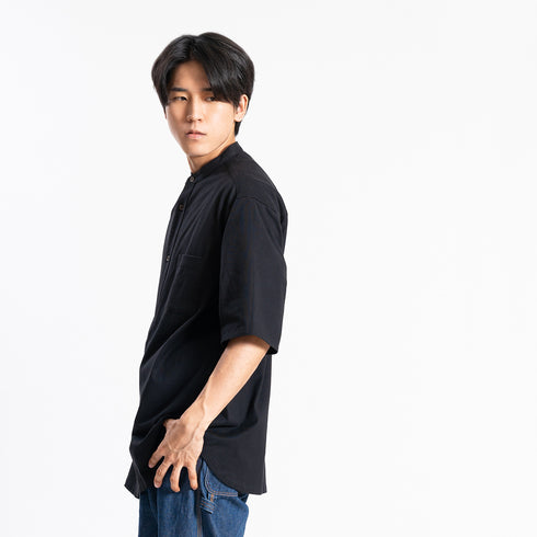 【日本製】 シャツ メンズ 半袖 大きいサイズ ワンポケット 無地 バンドカラー オーガニックコットン 綿100% ブラック(FL24SS-001-bk)